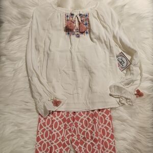 2pc Matching Set: Embroidery Top & Pink Ruffled Pants - Size: 4/7